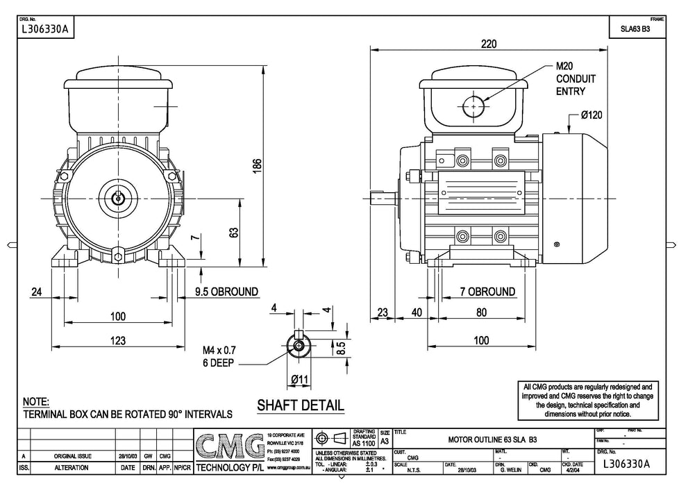 0.25KW CMG HLA/SLA THREE PHASE 415V 2POLE (2900RPM) FOOT MOUNT MOTOR