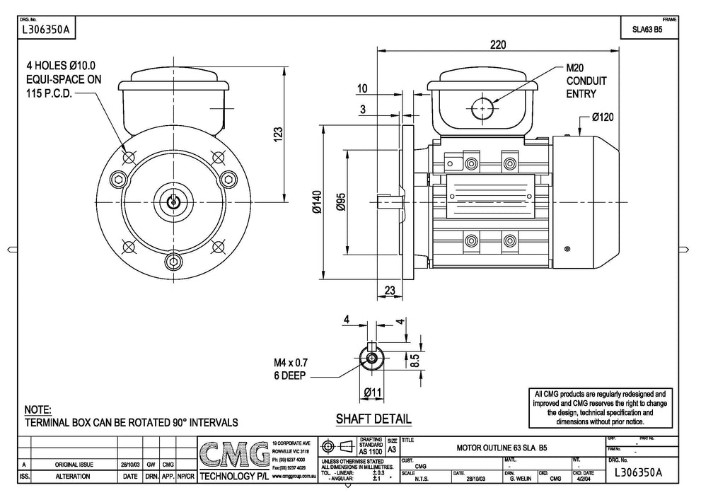 0.18KW CMG HLA/SLA THREE PHASE 415V 2POLE (2900RPM) FLANGE MOUNT MOTOR
