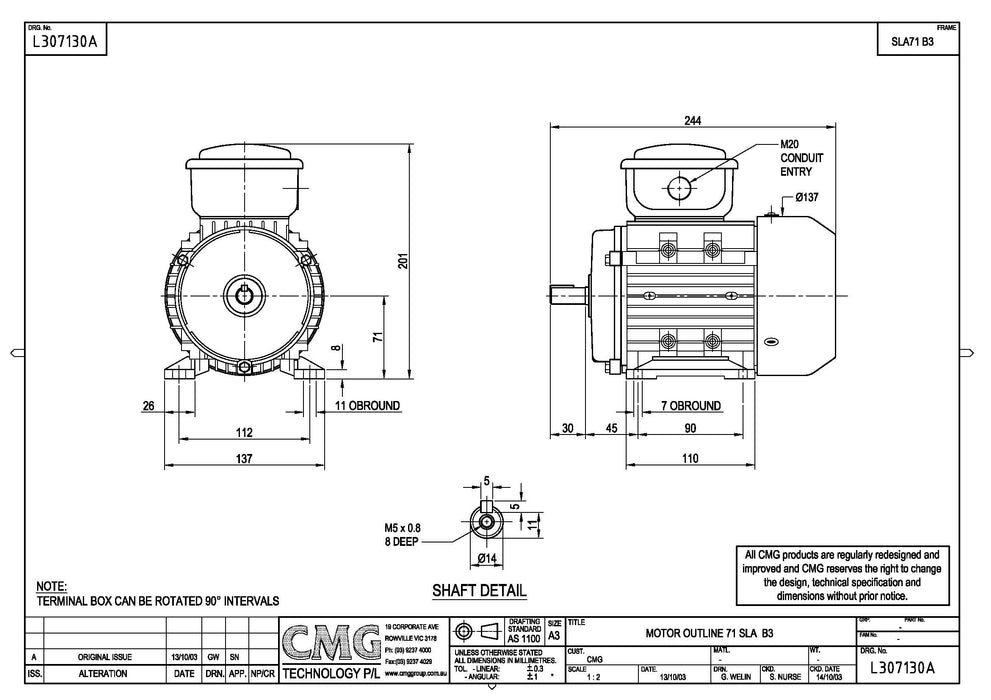 0.55KW CMG HLA/SLA THREE PHASE 415V 2POLE (2900RPM) FOOT MOUNT MOTOR