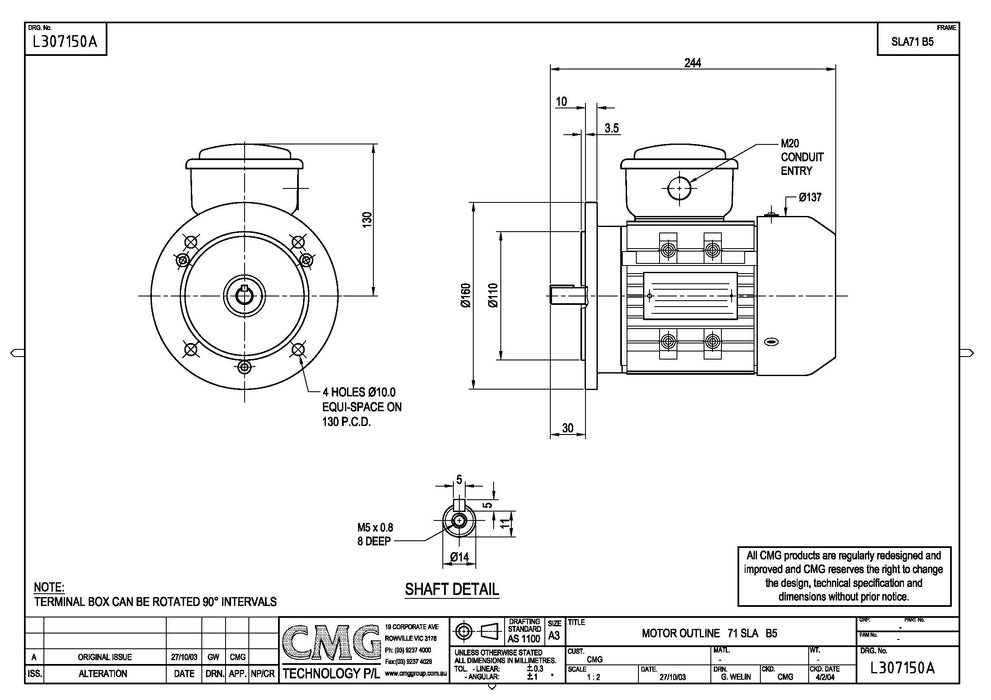 0.55KW CMG HLA/SLA THREE PHASE 415V 2POLE (2900RPM) FLANGE MOUNT MOTOR