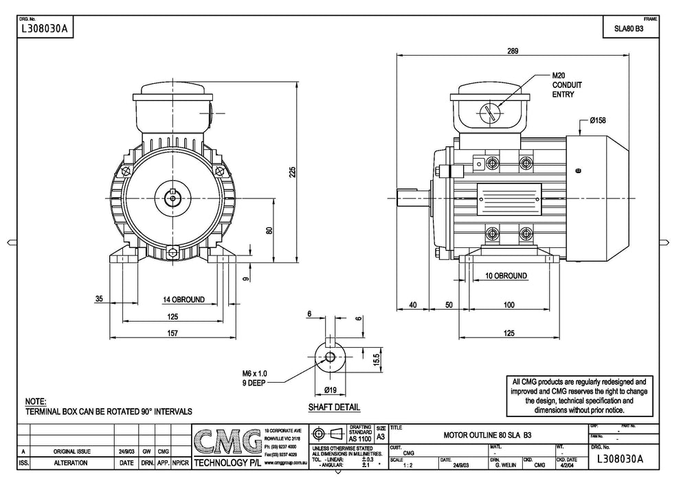 0.55KW CMG HLA/SLA THREE PHASE 415V 6POLE (900RPM) FOOT MOUNT MOTOR