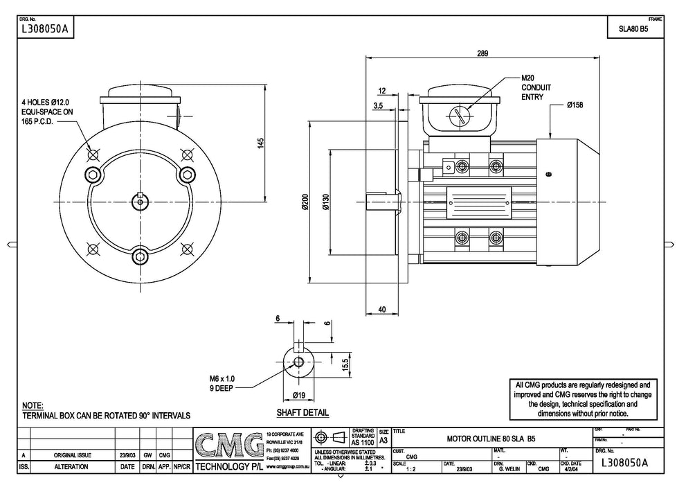 0.55KW CMG HLA/SLA THREE PHASE 415V 6POLE (900RPM) FLANGE MOUNT MOTOR
