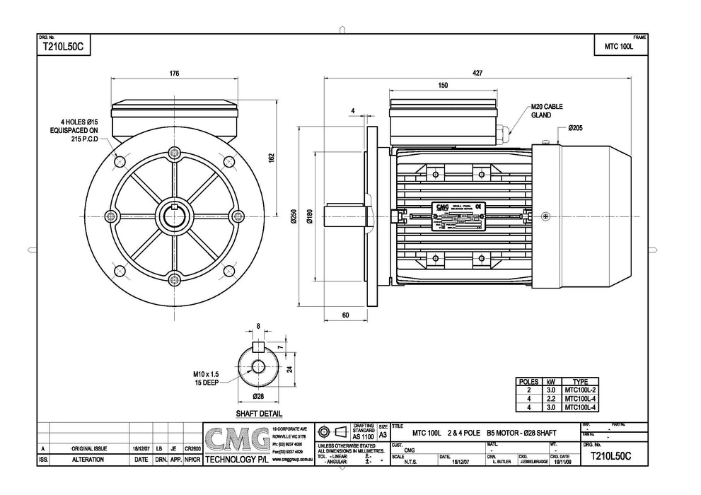 3.0KW CMG MARATHON SINGLE PHASE 240V 4POLE (1400RPM) FLANGE MOUNT MOTOR