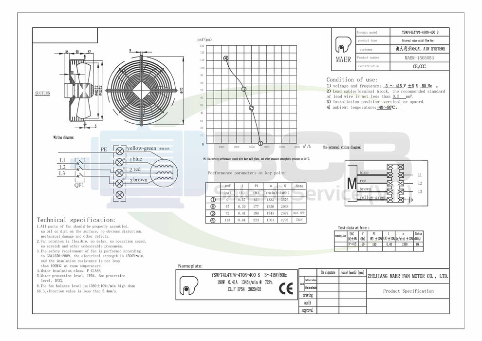 YILIDA AXIAL 40034P SUCTION FAN 415V 400mm 4POLE (1400RPM) SINGLE SPEED