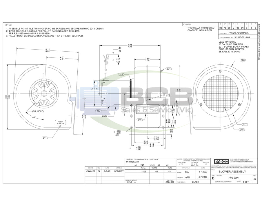 FASCO EB140 5-2810-681-004 BLOWER HVAC 140CFM 4POLE (1300RPM) SINGLE BLOWER