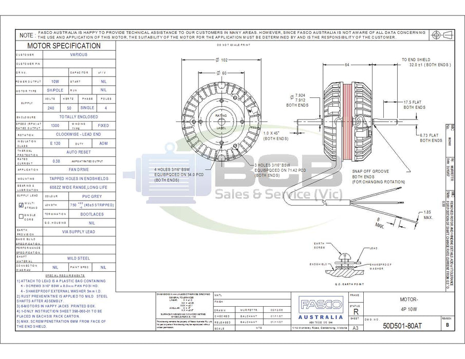 FASCO ( MARATHON ) 50D501-80A REFRIGERATION MOTOR 240V 10W 4POLE (1300RPM) SINGLE SPEED