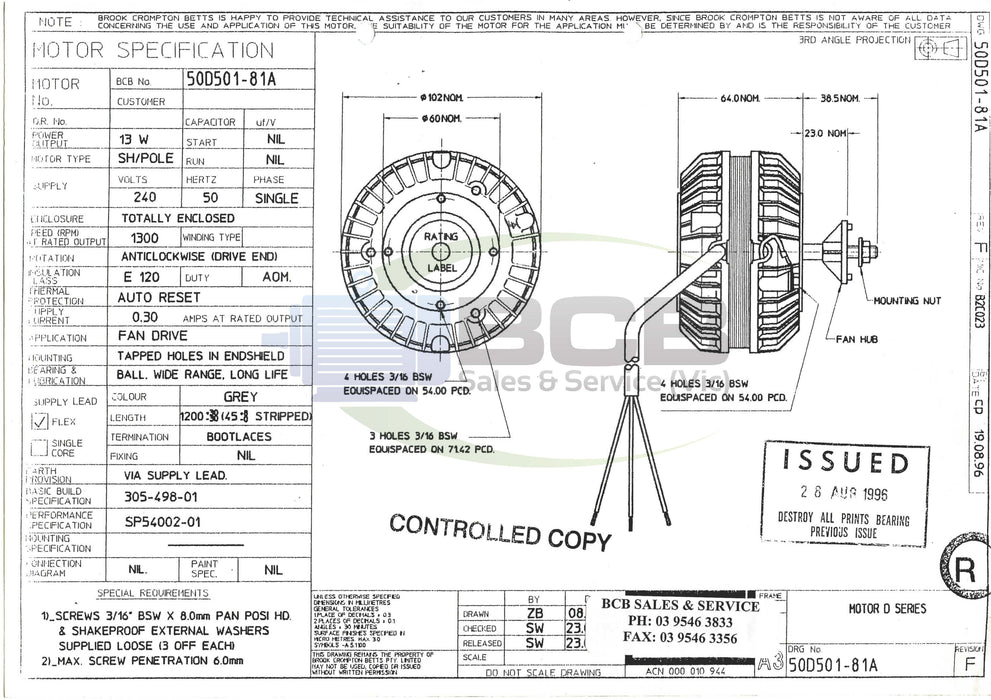 FASCO ( MARATHON ) 50D501-81A REFRIGERATION MOTOR 240V 13W 4POLE (1300RPM) SINGLE SPEED