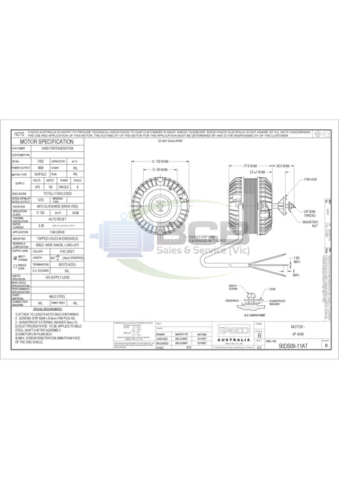 FASCO ( MARATHON ) 50D509-11A REFRIGERATION MOTOR 415V 40W 4POLE (1270RPM) SINGLE SPEED