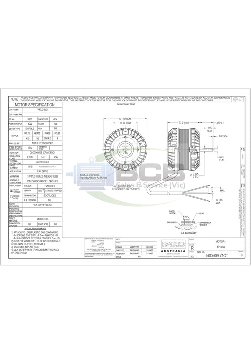 FASCO ( MARATHON ) 50D509-71C REFRIGERATION MOTOR 415V 40W 4POLE (1270RPM) SINGLE SPEED