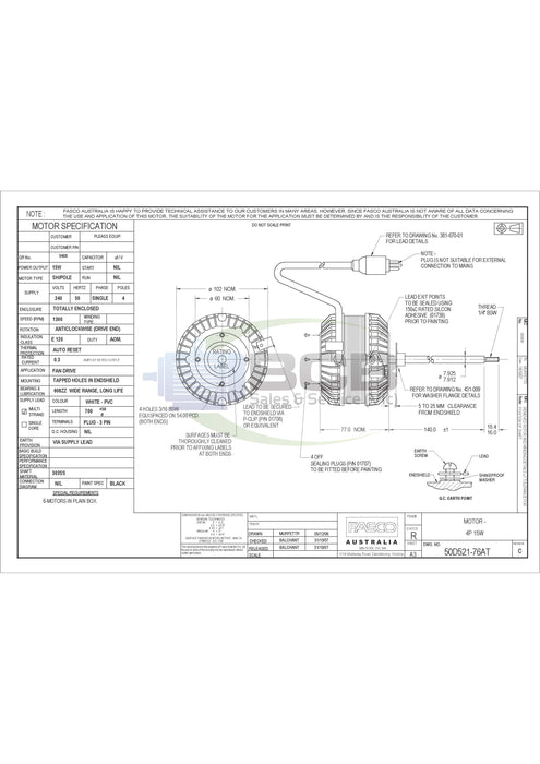 FASCO ( MARATHON ) 50D521-76A  REFRIGERATION MOTOR 240V 15W 4POLE (1300RPM) SINGLE SPEED