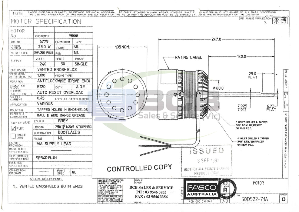 FASCO ( MARATHON ) 50D522-71A REFRIGERATION MOTOR 240V 23W 4POLE (1300RPM) SINGLE SPEED