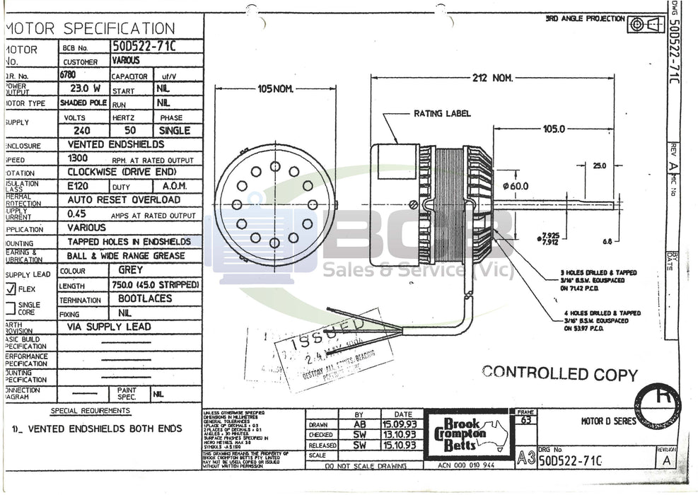 FASCO ( MARATHON ) 50D522-71C REFRIGERATION MOTOR 240V 23W 4POLE (1400RPM) SINGLE SPEED