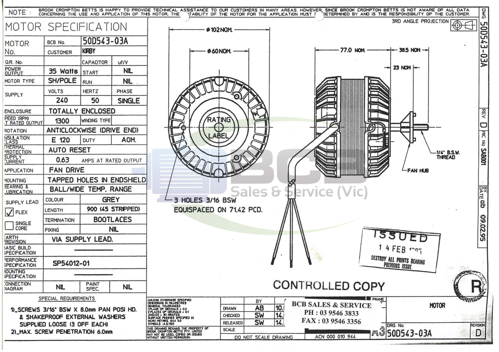 FASCO ( MARATHON ) 50D543-03A REFRIGERATION MOTOR 240V 35W 4POLE (1300RPM) SINGLE SPEED