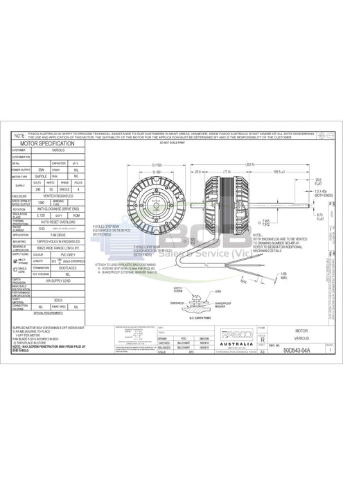 FASCO ( MARATHON ) 50D543-04A TWIN SHAFT REFRIGERATION MOTOR 240V 35W 4POLE (1300RPM) SINGLE SPEED