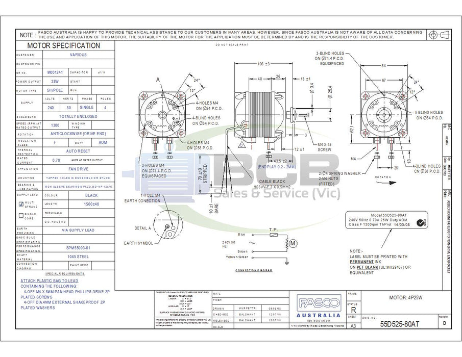 FASCO ( MARATHON ) 55D525-80A 25W 240V REFRIGERATION MOTOR 4POLE (1300RPM) SINGLE SPEED