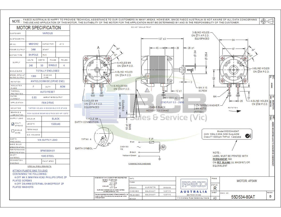FASCO ( MARATHON ) 55D534-80A 35W 240V REFRIGERATION MOTOR 4POLE (1300RPM) SINGLE SPEED