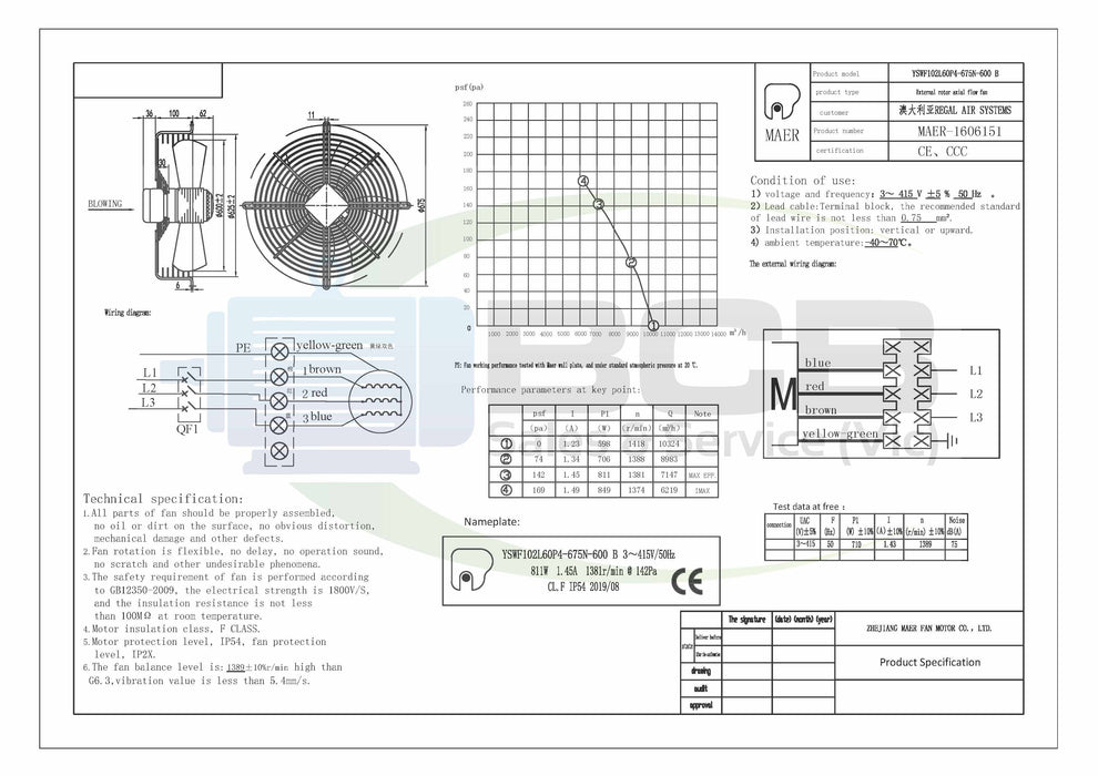 YILIDA AXIAL 60034PFD BLOWER FAN 415V 600mm 4POLE (1400RPM) SINGLE SPEED