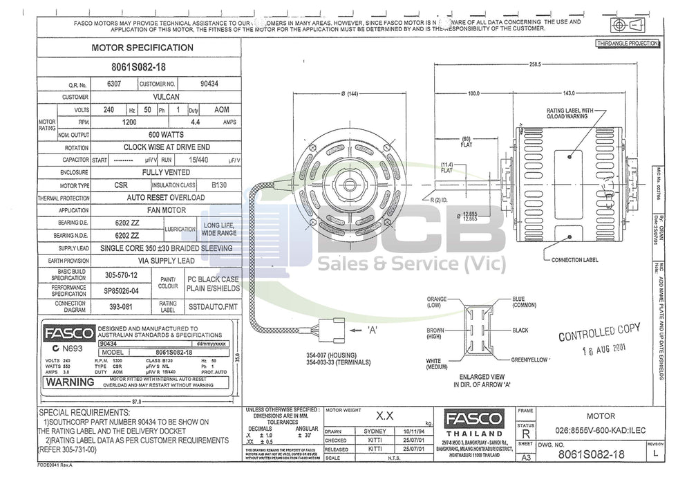 FASCO ( MARATHON ) FOR VULCAN 8061S082-18 DUCTED HEATER FAN MOTOR 600W 4POLE (1400RPM) 3 SPEED PLUGGED LEAD