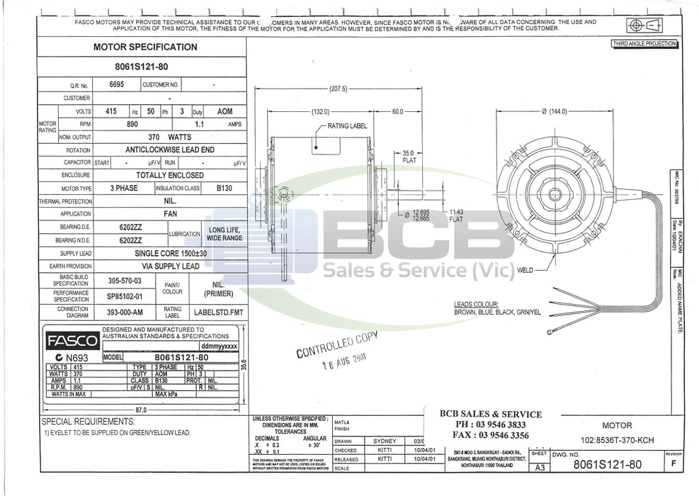 FASCO ( MARATHON ) HVAC 8061S121-80 CONDENSER FAN MOTOR 370W 6POLE (900RPM) SINGLE SPEED