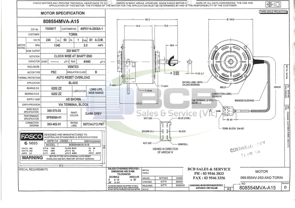 FASCO ( MARATHON ) 808554MVA-A15 BONAIRE 250W DUCTED HEATER FAN MOTOR 4POLE (1400RPM) SINGLE SPEED