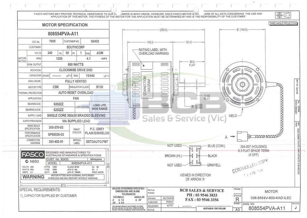 FASCO ( MARATHON ) 808554PVA-A11 BONAIRE 600W DUCTED HEATER FAN MOTOR 4POLE (1200RPM) SINGLE SPEED
