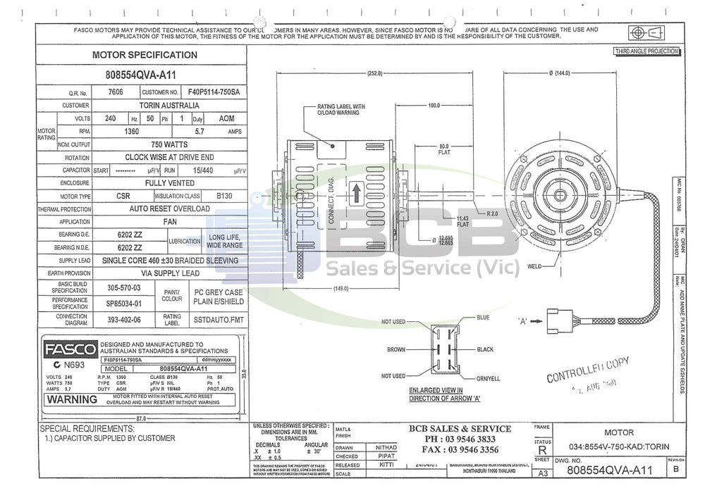 FASCO ( MARATHON ) 808554QVA-A11 BONAIRE 750W DUCTED HEATER FAN MOTOR 4POLE (1400RPM) SINGLE SPEED