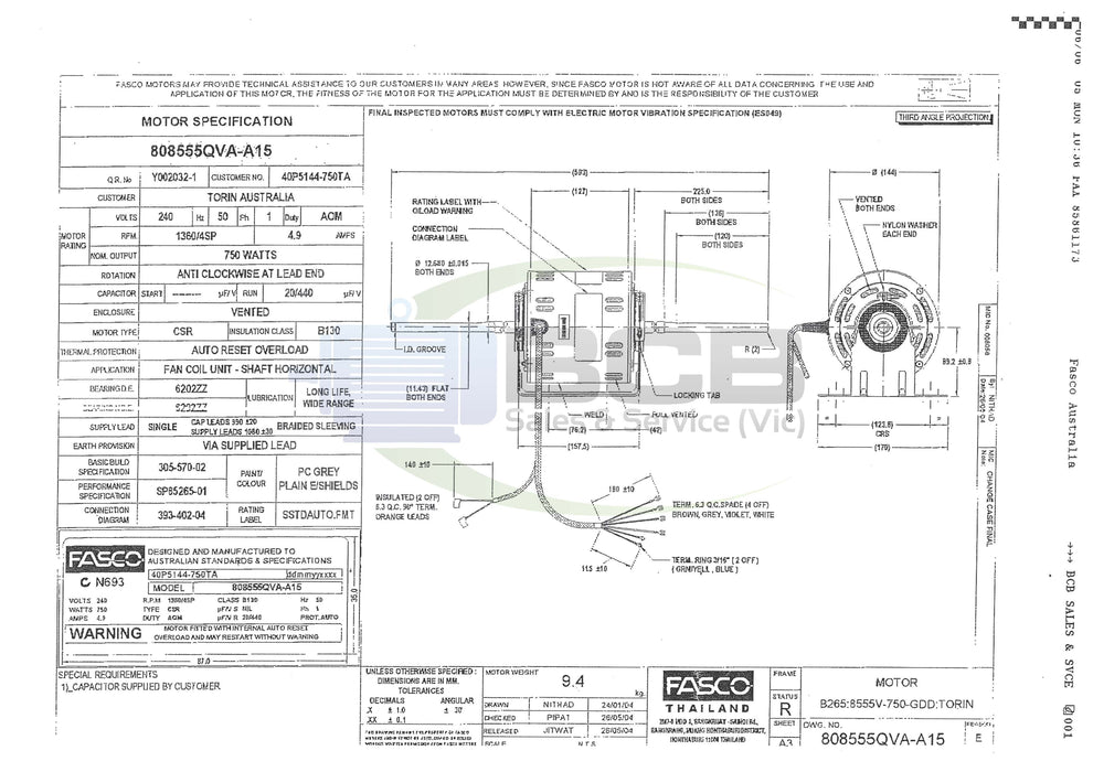 FASCO ( MARATHON ) HVAC 808555QVA-A15 DOUBLE SHAFT FAN MOTOR 750W 4POLE (1400RPM) 4 SPEED