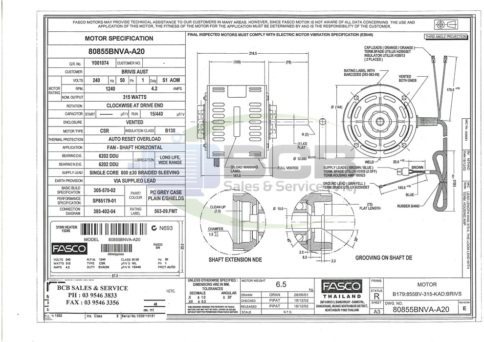 FASCO ( MARATHON ) 80855BNVA-A20 315W BRIVIS DUCTED HEATER FAN MOTOR 4POLE (1400RPM) VARIABLE SPEED