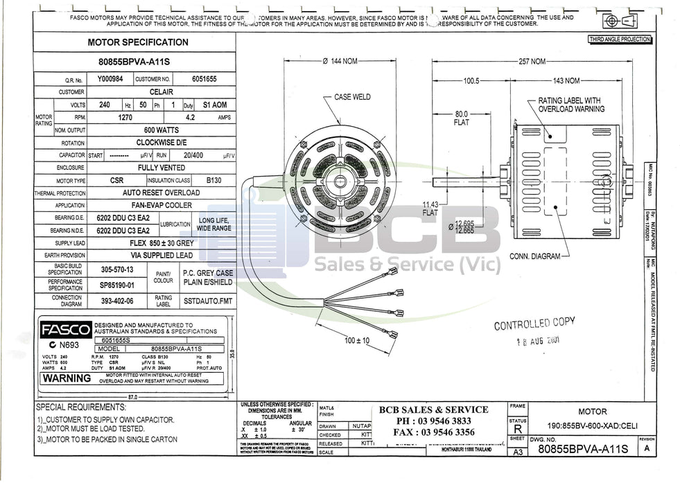 FASCO ( MARATHON ) BONAIRE/CELAIR 80855BPVA-A11 600W EVAPORATIVE COOLER MOTOR 4POLE (1270RPM) VARIABLE SPEED