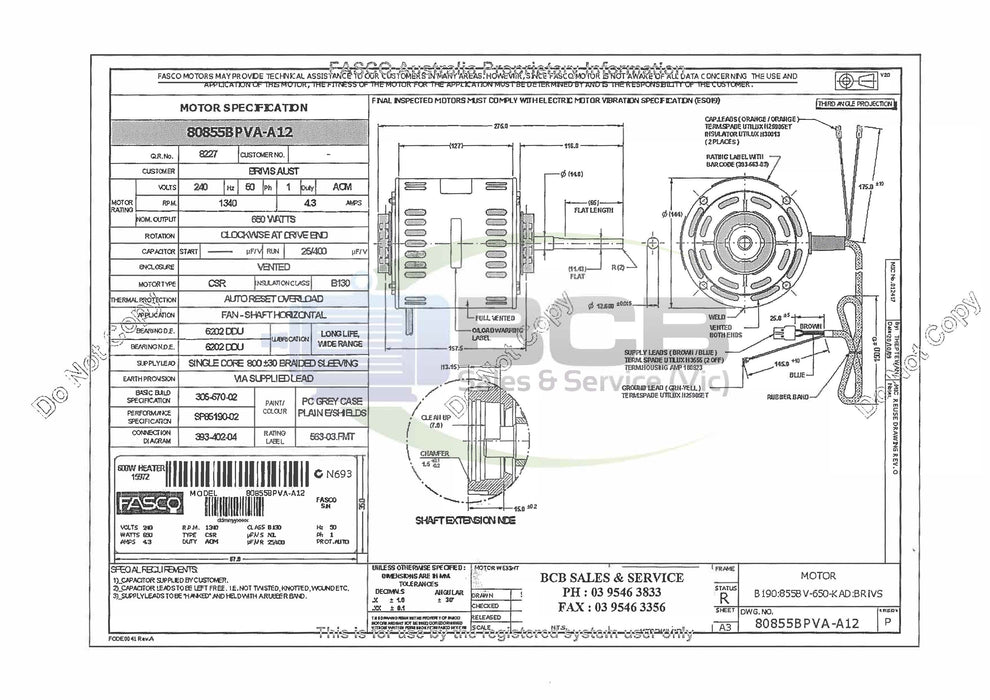 FASCO ( MARATHON ) 80855BPVA-A12 BRIVIS DUCTED HEATER FAN MOTOR 650W 4POLE (1340RPM) VARIABLE SPEED