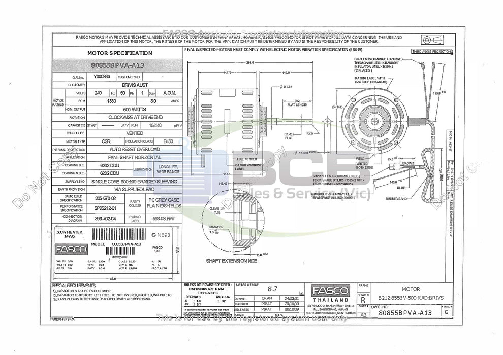 FASCO ( MARATHON ) 80855BPVA-A13 500W  BRIVIS DUCTED HEATER FAN MOTOR 4POLE (1330RPM) VARIABLE SPEED