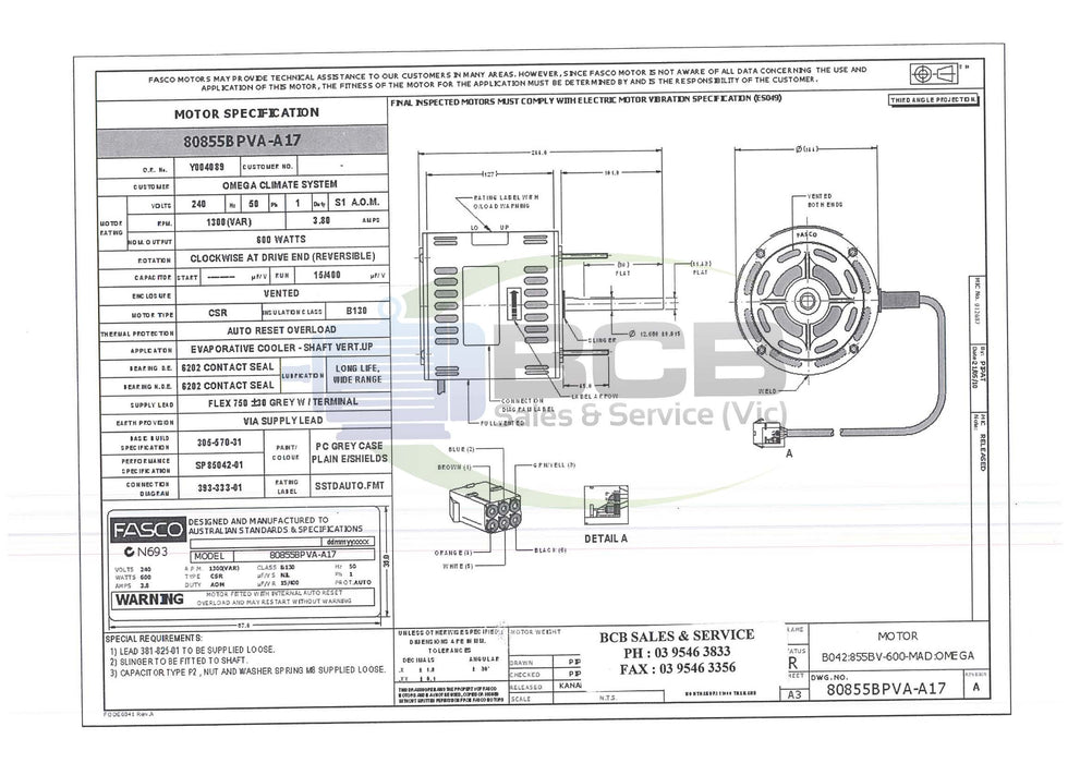 FASCO ( MARATHON ) COOLBREEZE 80855BPVA-A17 600W EVAPORATIVE COOLER MOTOR 4POLE (1400RPM) SINGLE SPEED