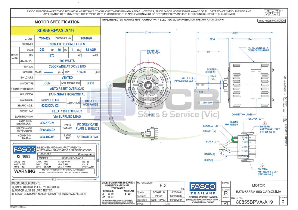 FASCO ( MARATHON ) BONAIRE  80855BPVA-A19 600W EVAPORATIVE COOLER MOTOR 4POLE (1270RPM) VARIABLE SPEED