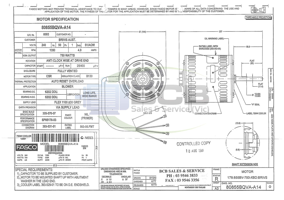 FASCO ( MARATHON ) BRIVIS 80855BQVA-A14 750W EVAPORATIVE COOLER MOTOR 4POLE (1350RPM) VARIABLE SPEED