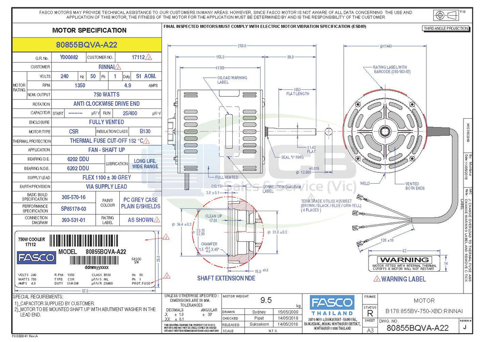 FASCO ( MARATHON ) BRIVIS 80855BQVA-A22 750W EVAPORATIVE COOLER MOTOR 4POLE (1350RPM) VARIABLE SPEED
