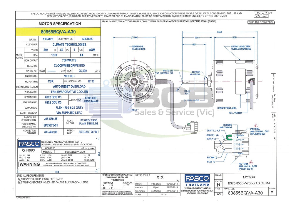 FASCO ( MARATHON ) BONAIRE 80855BQVA-A30 750W EVAPORATIVE COOLER MOTOR 4POLE (1370RPM) VARIABLE SPEED