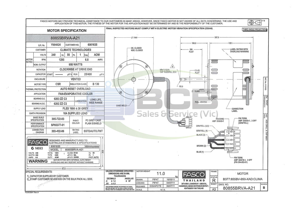 FASCO ( MARATHON ) BONAIR 80855BRVA-A21 950W EVAPORATIVE COOLER MOTOR 4POLE(1295RPM) VARIABLE SPEED