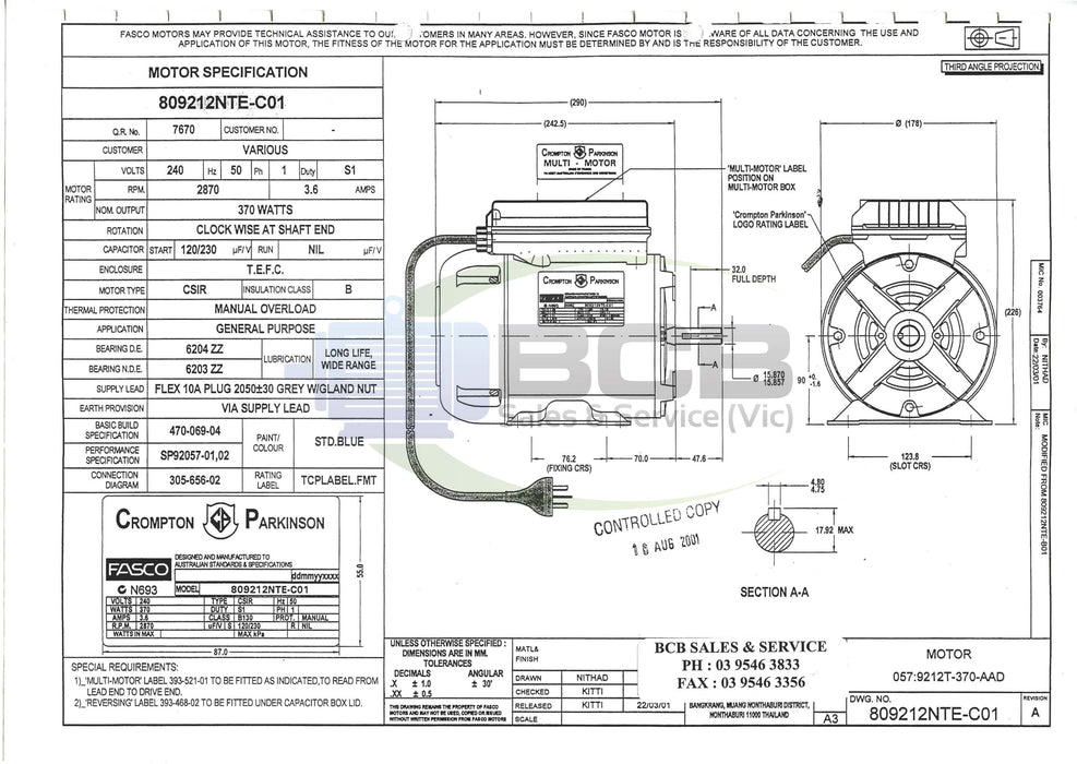 FASCO ( MARATHON ) 809212NTE-C01 370W 2POLE (2870RPM) GENERAL PURPOSE MOTOR B56 FRAME