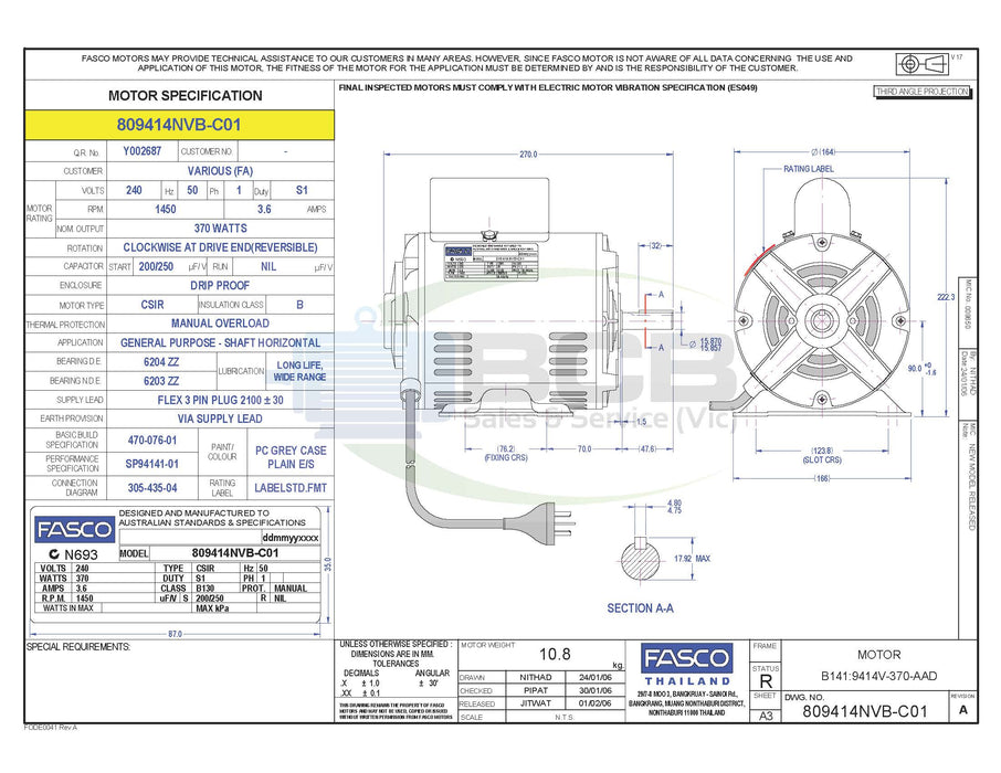 FASCO ( MARATHON ) 809414NVB-C01 370W 4POLE (1450RPM) GENERAL PURPOSE MOTORB 56 FRAME