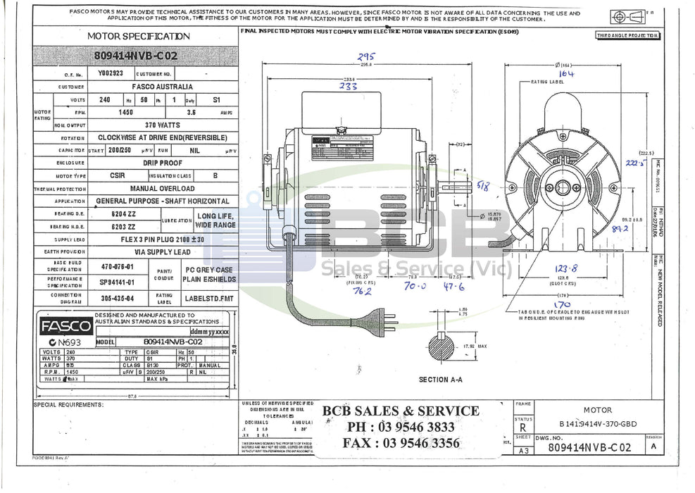 FASCO ( MARATHON ) 809414NVB-C02 370W 4POLE (1450RPM) GENERAL PURPOSE MOTOR B56 FRAME