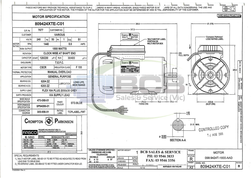FASCO ( MARATHON ) 809424XTE-C01 1500W 4POLE (1440RPM) GENERAL PURPOSE MOTOR B56 FRAME