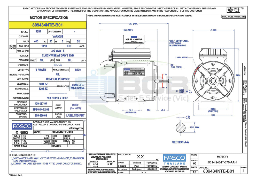 FASCO ( MARATHON ) 809434NTE-B01 370W 4POLE (1410RPM) 3PHASE GENERAL PURPOSE MOTOR B56 FRAME