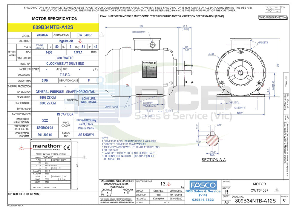 FASCO ( MARATHON ) 809434NTE-B01 370W 4POLE (1410RPM) 3PHASE GENERAL PURPOSE MOTOR B56 FRAME