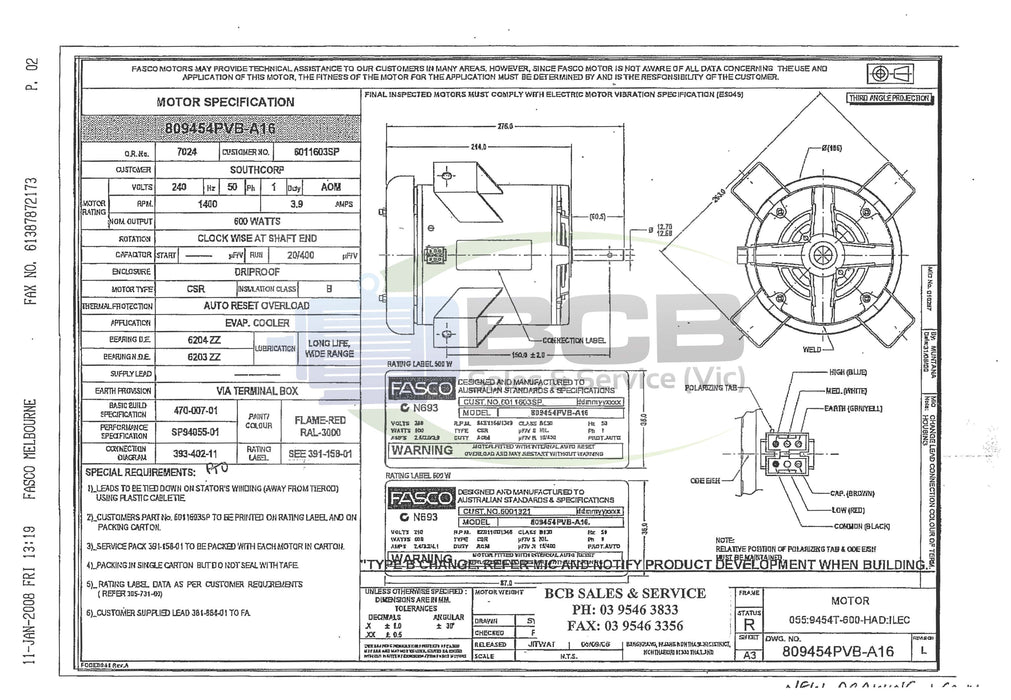 FASCO ( MARATHON ) BONAIRE 809454PVB-A16 600W EVAPORATIVE COOLER MOTOR 4POLE (1400RPM) 3 SPEED