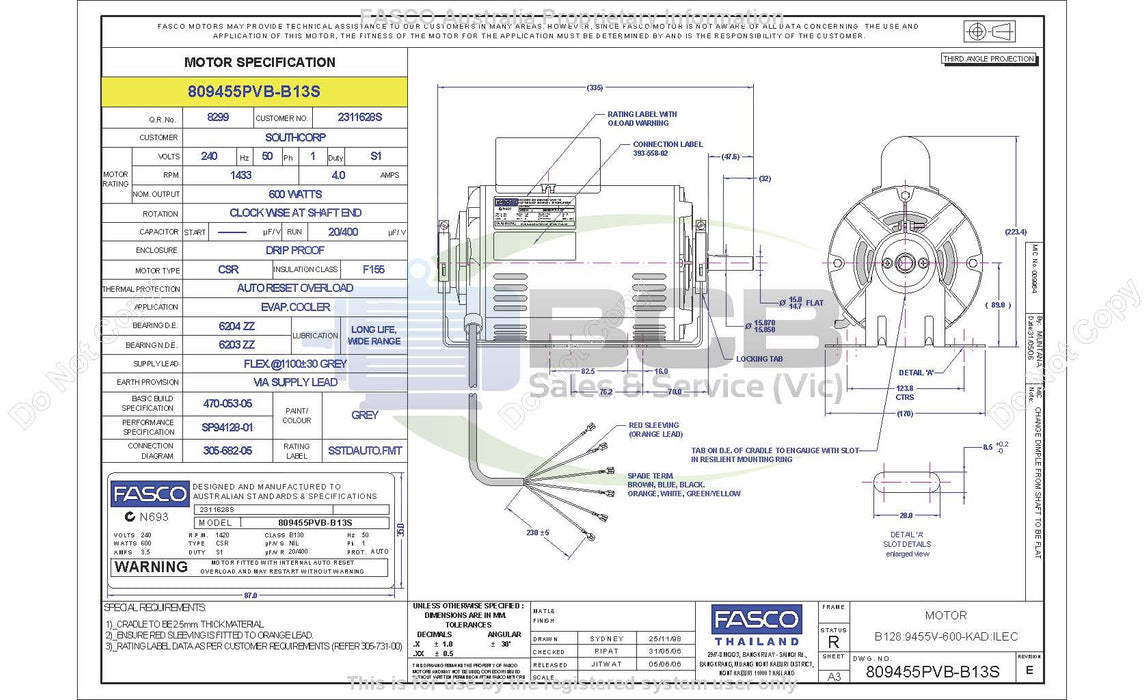 FASCO ( MARATHON ) BONAIRE 809455PVB-B13 600W EVAPORATIVE COOLER MOTOR 4POLE (1433RPM) 3 SPEED