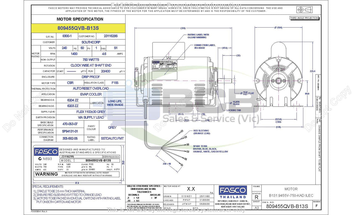 FASCO ( MARATHON ) BONAIRE 809455QVB-B13 750W EVAPORATIVE COOLER MOTOR 4POLE (1400RPM) 3 SPEED