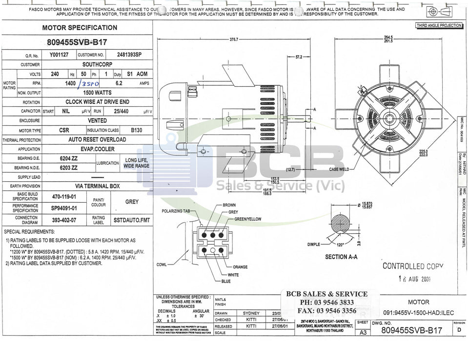 FASCO ( MARATHON ) 809455SVB-B17 1200/1500W EVAPORATIVE COOLER MOTOR 4POLE (1400RPM) 3 SPEED