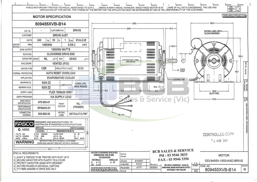 FASCO ( MARATHON ) 809455XVB-B14 1500W EVAPORATIVE COOLER MOTOR 4POLE (1400RPM) 2 SPEED