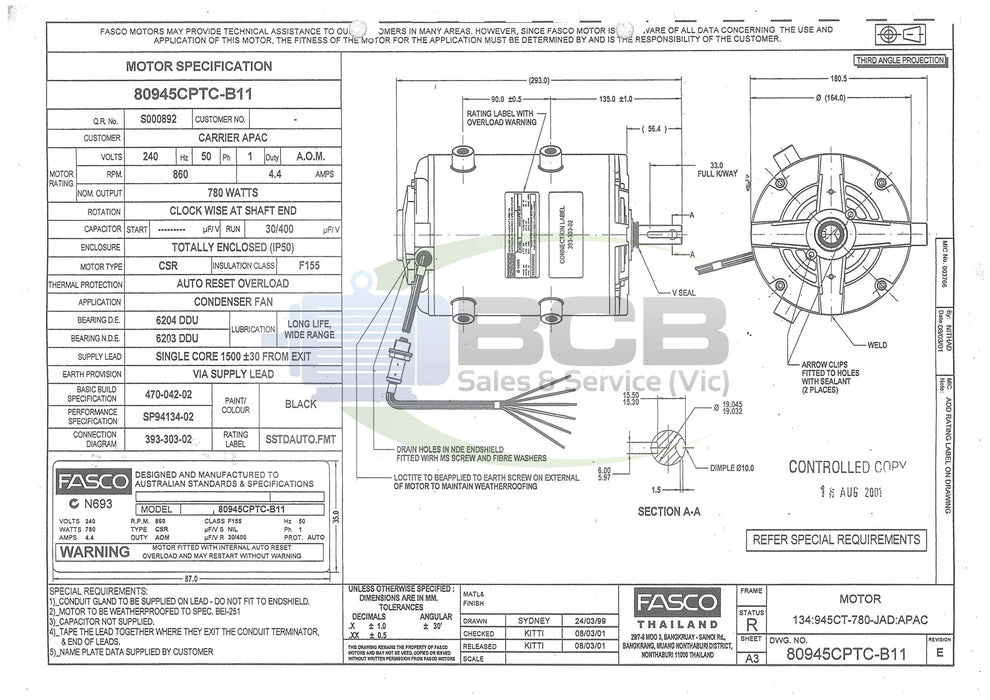 FASCO ( MARATHON ) HVAC 80945CPTC-B11 CONDENSOR FAN MOTOR 780W 6POLE (860RPM) SINGLE SPEED