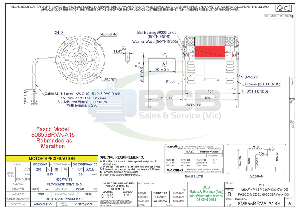 FASCO ( MARATHON ) 80855BRVA-A16 950W EVAPORATIVE COOLER MOTOR 4POLE (1295RPM) VARIABLE SPEED